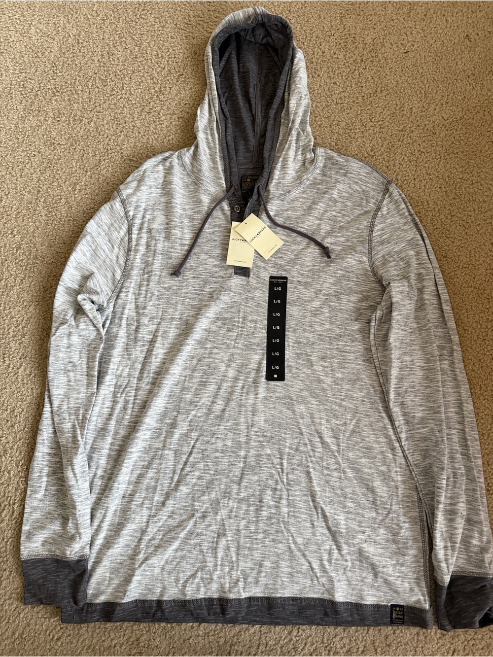 Lucky Brand Men's Heather Gray Hooded Pullover with Dark Trim